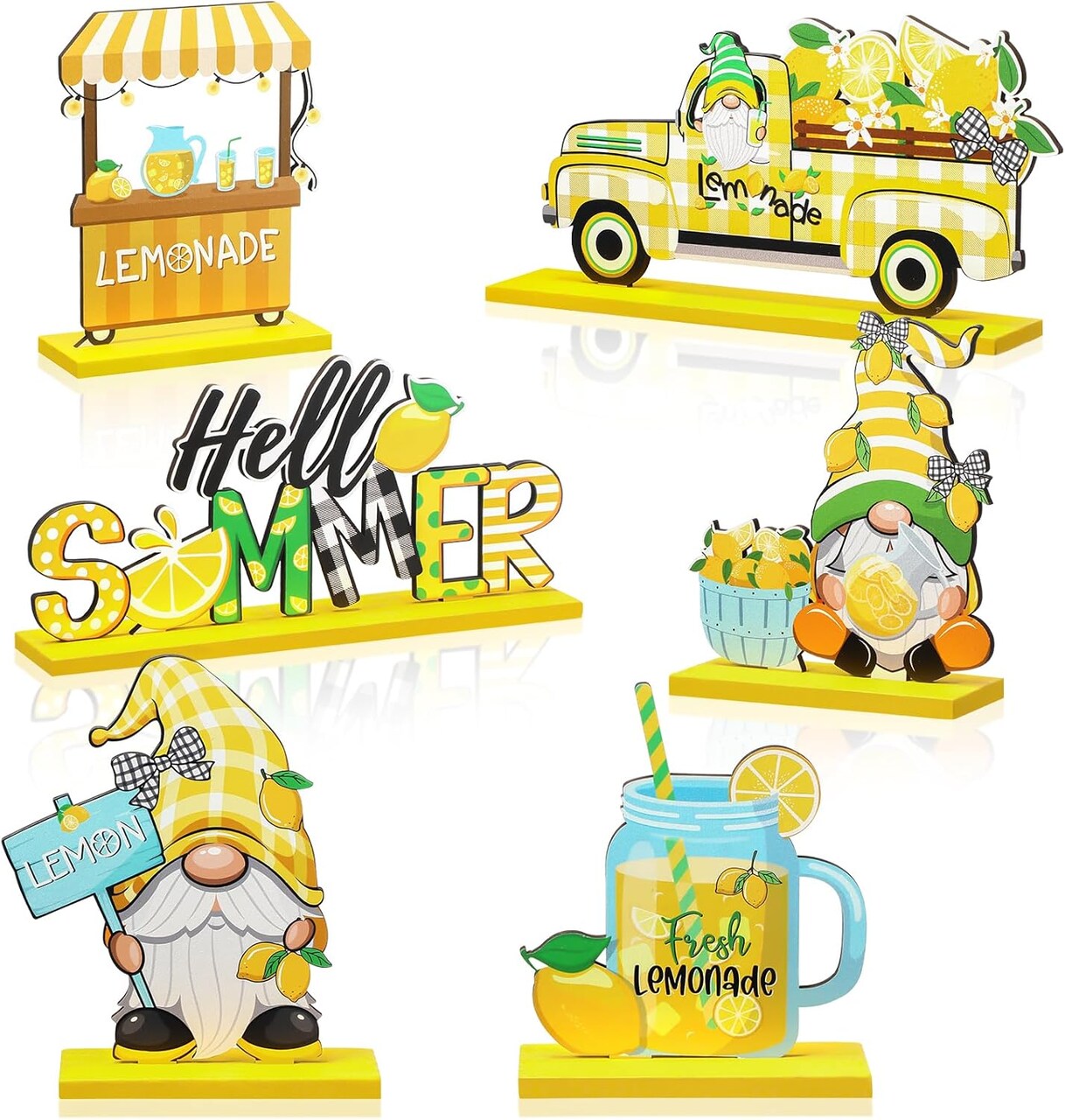 6 Pcs Lemon Decorations Lemon Gnome Wooden Table Centerpiece Hello Summer Lemonade Wood Sign for Table Farmhouse Kitchen Summer Lemon Theme Party Table Tiered Tray Decor